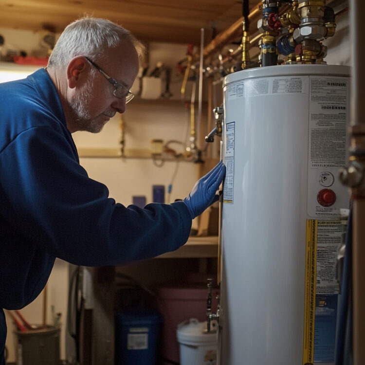 Plumber Inspecting Water Heater in Basement