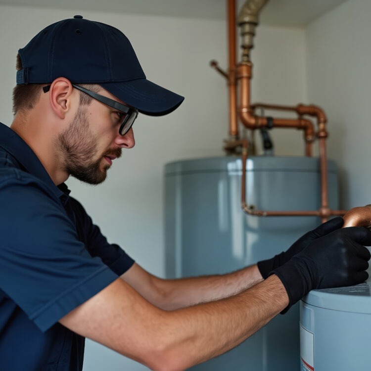 Plumber installs new water heater in utility room. Man wearing cap, glasses gloves connects copper pipes. Home improvement and repair services. Professional plumbing work.